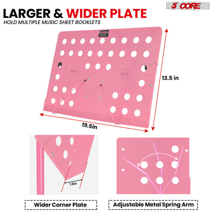 5 Core Music Stand Height Adjustable Desktop Book Stands Portable Sheet Holder All Metal Bookstand Foldable Atril Para Partituras w Carrying Bag Light & Clip Pink - MUS FLD HD ACC PNK