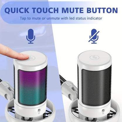 USB RGB Condenser Microphone with Gain, Touch Mute and Monitoring