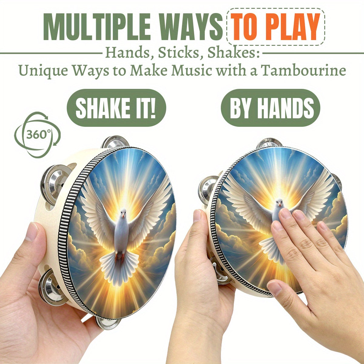 This Adult Dove Print Tambourine Is Suitable for Use in Churches, Christian Dances, Crosses, Bible Handbells, And Clapping Drums. It Can Be Used in Church Prayer Parties And Other Occasions. It Is a Percussion Instrument