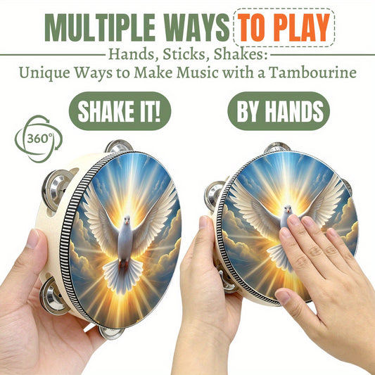 This Adult Dove Print Tambourine Is Suitable for Use in Churches, Christian Dances, Crosses, Bible Handbells, And Clapping Drums. It Can Be Used in Church Prayer Parties And Other Occasions. It Is a Percussion Instrument