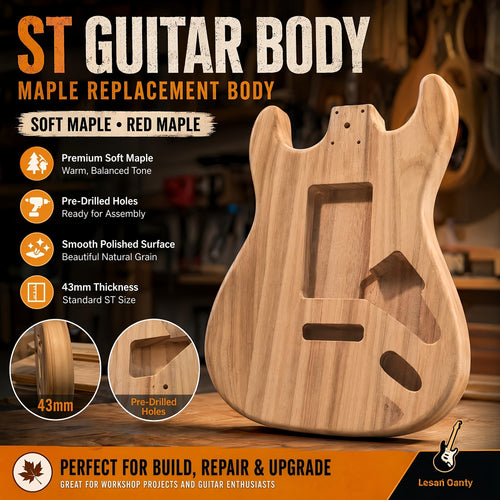 Solid Maple Electric Guitar Body, Polished Pre-Drilled Sealed Guitar Barrel Replacement For Standard Style Electric Guitar, 43mm Thickness, Great Resonance Bright Tone, Guitar Repair Upgrade Part, Handmade Assembly Component For Guitarists