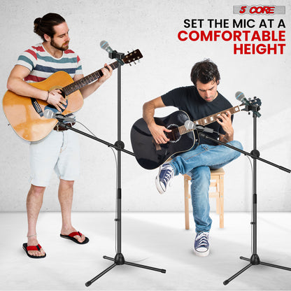 5 Core Microphone Stand Floor 2 Mic Clips Universal Height Adjustable 63" Dual Tripod Mic Stands w Telescoping Boom Arm Foldable Portable