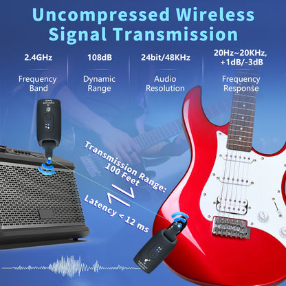 Wireless Guitar System 2.4GHz Built-in Rechargeable Lithium Battery 270°Rotatable Audio Wireless Transmitter Receiver for Acoustic Guitar Bass Violin Keyboard Electric Instruments, A9