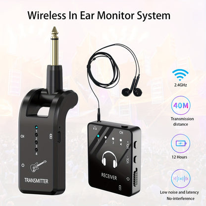 Wireless In-Ear Monitor System with IEM and Transmitter Clip Receiver, Can Be Paired Automatically, for Earphones, Guitars, DJ, Live Performance Supervision