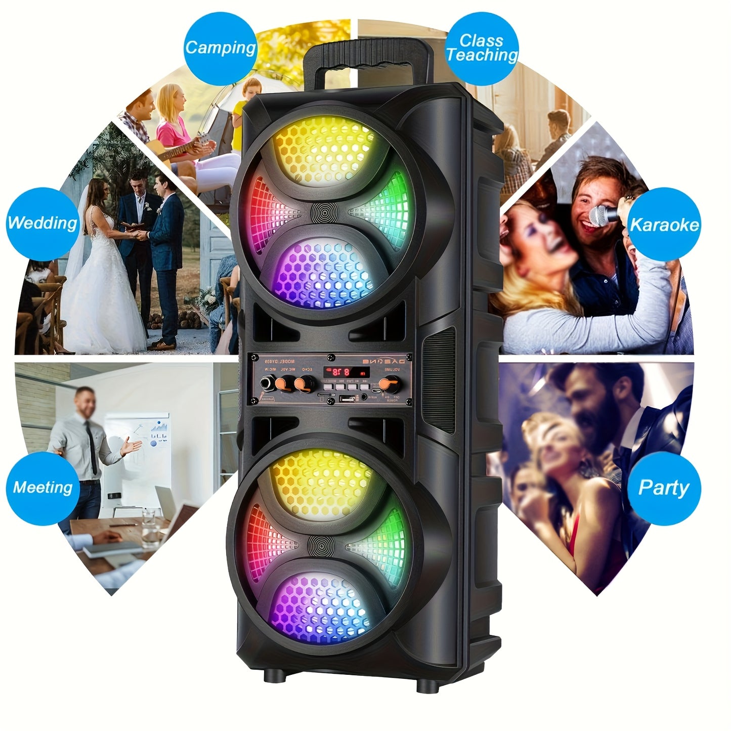 2500W Portable Wireless PA Speaker System - Double 3'' Subwoofer, Wireless 33ft Outdoor Speaker, Big Loud Large Speaker, Party Lights, USB, Radio, Stereo Sound, for Home, Party, Travel, Christmas