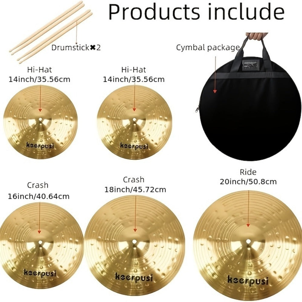 5-Piece Cymbal Pack, 14–20 Inch Hi-Hat Crash Ride Set with Bag