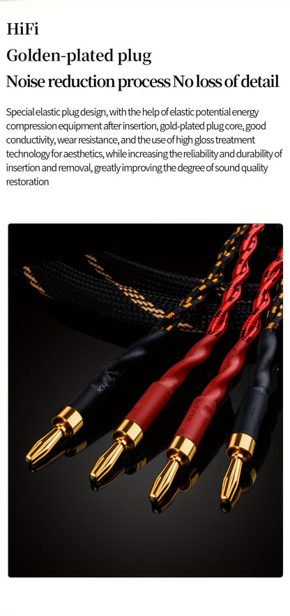 YYAUDlO Premium HlFi Speaker Cables - 1 Pair, High-End OCC Composite Cables for Hi-Fi Systems & Banana Plug Speakers, Black with Red/White Stripes, Male to Male Connector, Imported U. S. Hifi Speaker Cable, Sound System Wiring, Home Audio Setup, Sleek Des