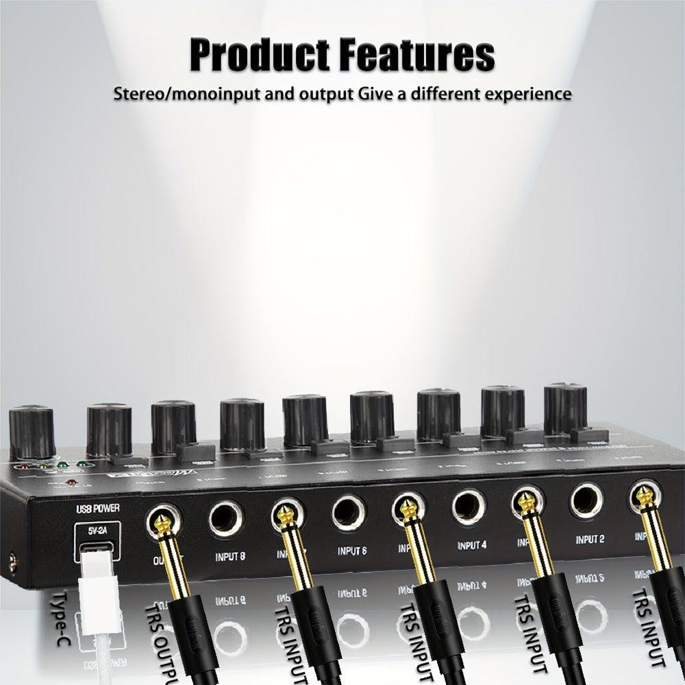 Compact 4/6/8-Channel Stereo Audio Mixer with USB-C Power and Level Controls