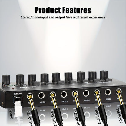 Compact 4/6/8-Channel Stereo Audio Mixer with USB-C Power and Level Controls