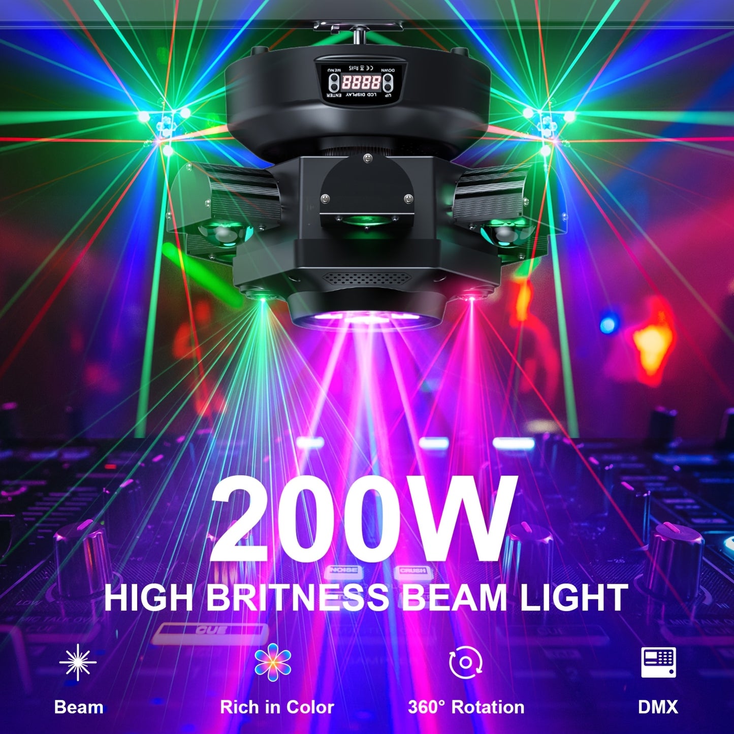 [Wedding DJ Stage] 200W Bee Eye RGBW LED Rotating Stage Beam Light DJ Stage Effect Party Beam Disco Lights for Show Bar Wedding DJ Stage Moving Head Lights