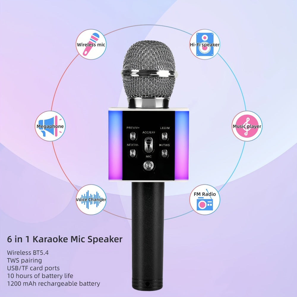 6-in-1 Wireless Karaoke Microphone Speaker with LED Lights and TWS
