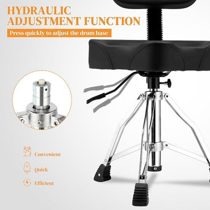 Hydraulic Drum Throne with Backrest, Adjustable Saddle Seat for Drummers