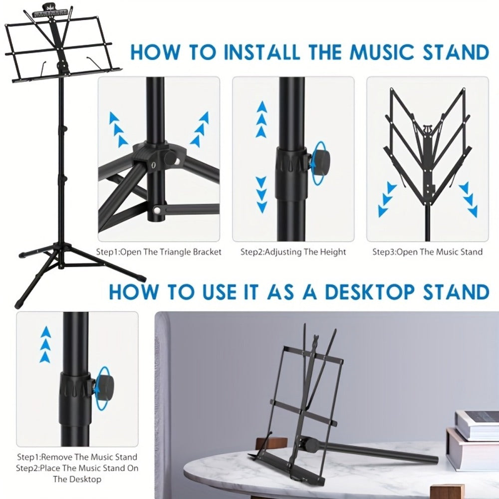 Folding Music Stand, Portable, Foldable, 2-in-1 for Holding Sheet Music For Lessons