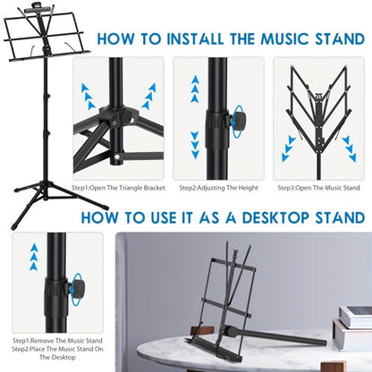 Folding Music Stand, Portable, Foldable, 2-in-1 for Holding Sheet Music For Lessons
