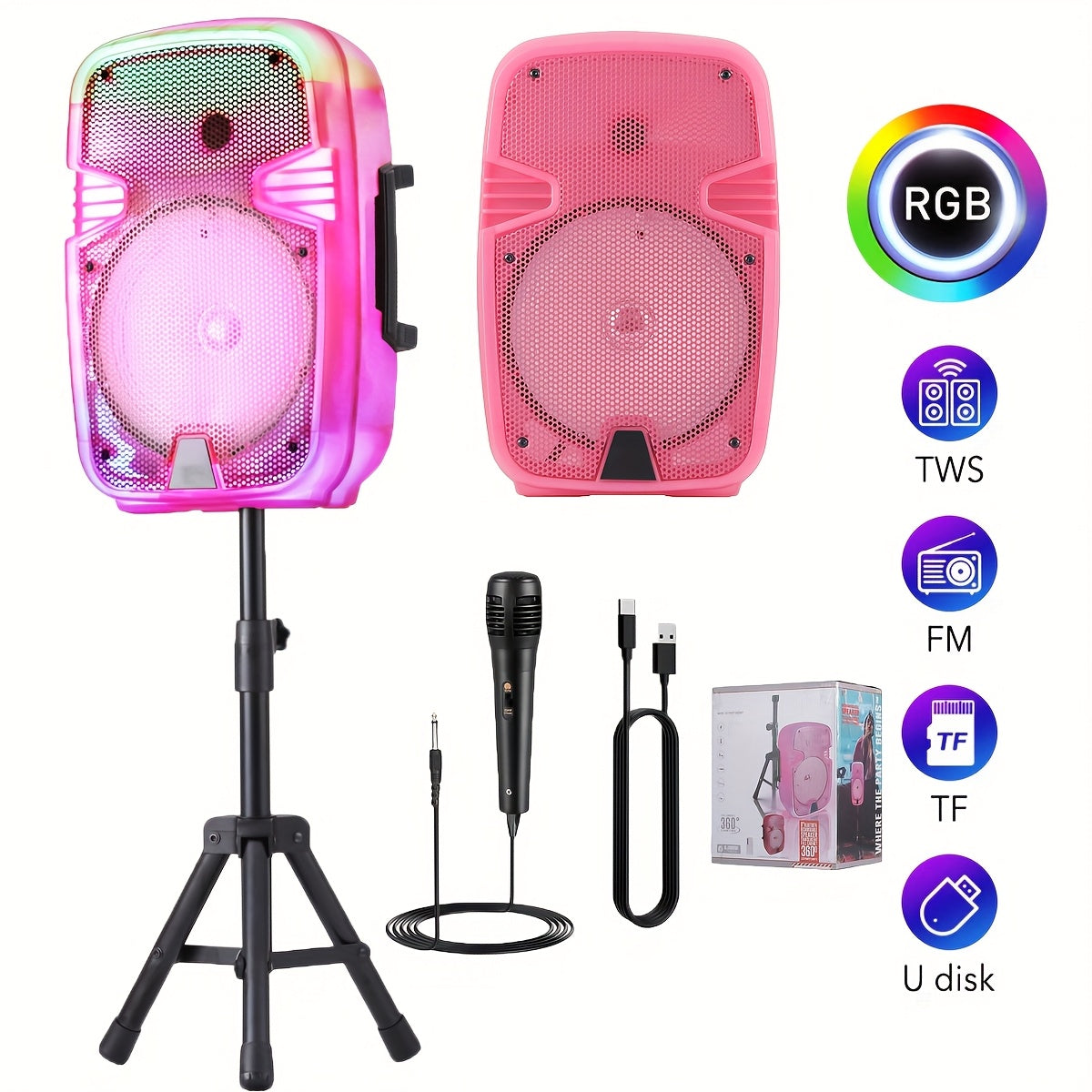 8" Rechargeable Speaker Wireless LED Karaoke Party System USB/SD/FM/AUX W/Mic & Stand