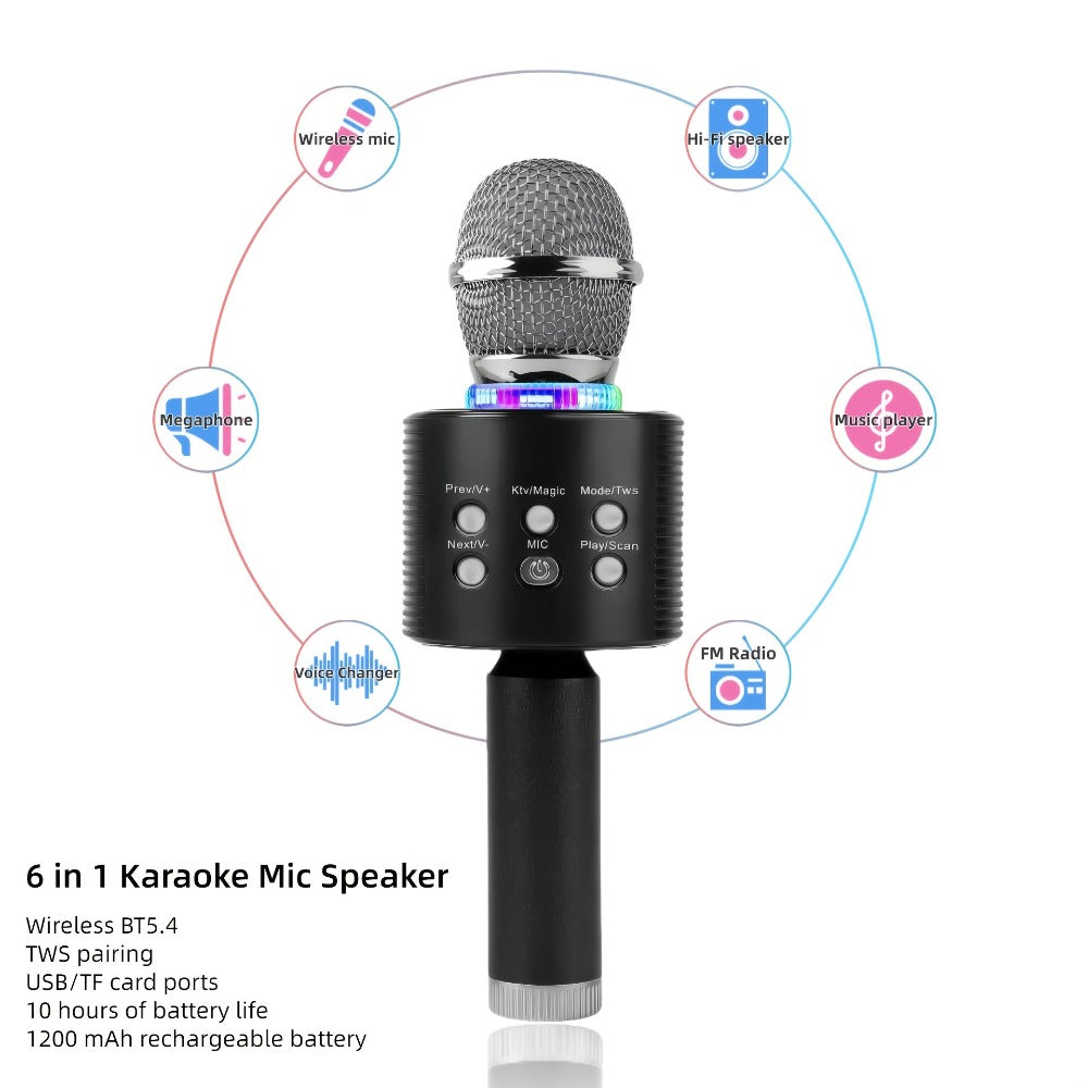 6-in-1 Wireless Karaoke Microphone Speaker with LED Lights and TWS