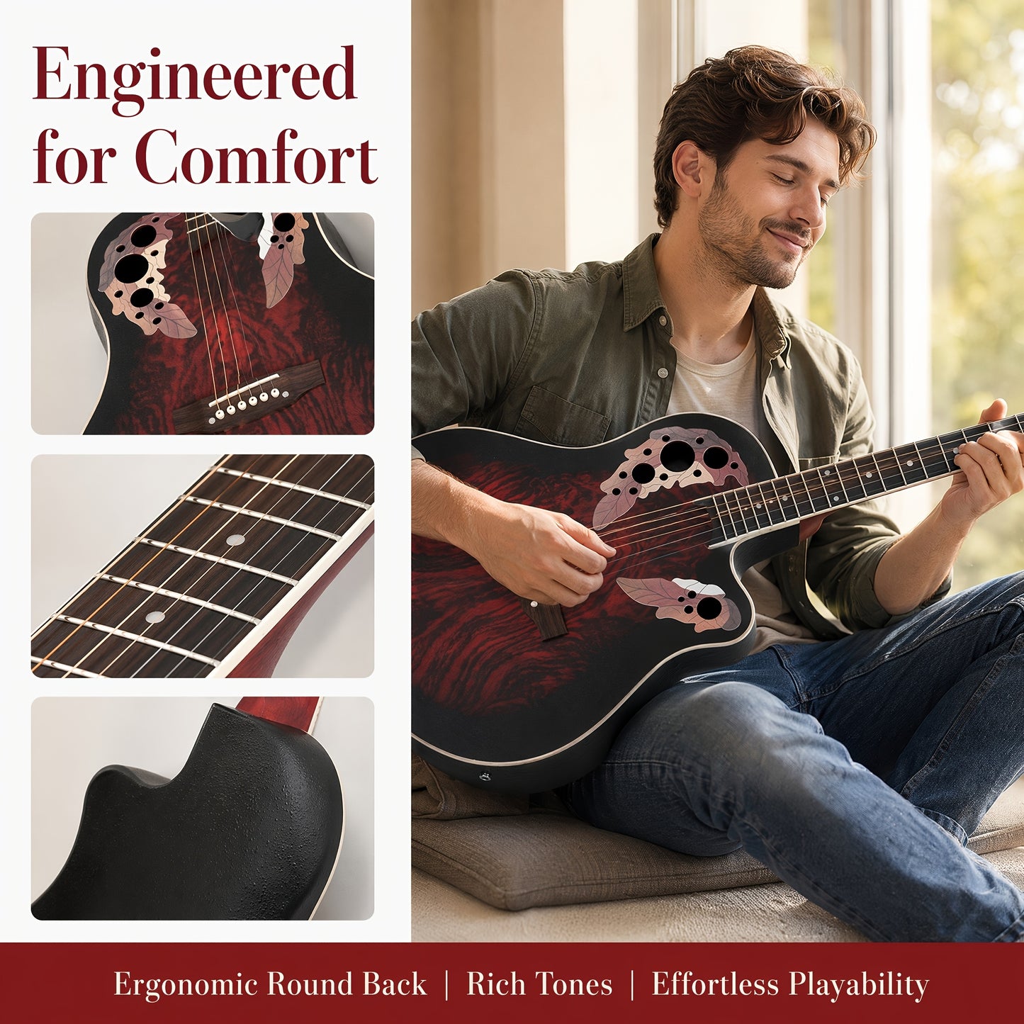 [Electric Acoustic Guitar] 41-Inch Full-Size Cutaway Electric Acoustic Guitar Grape Soundhole Spruce Top Round Back