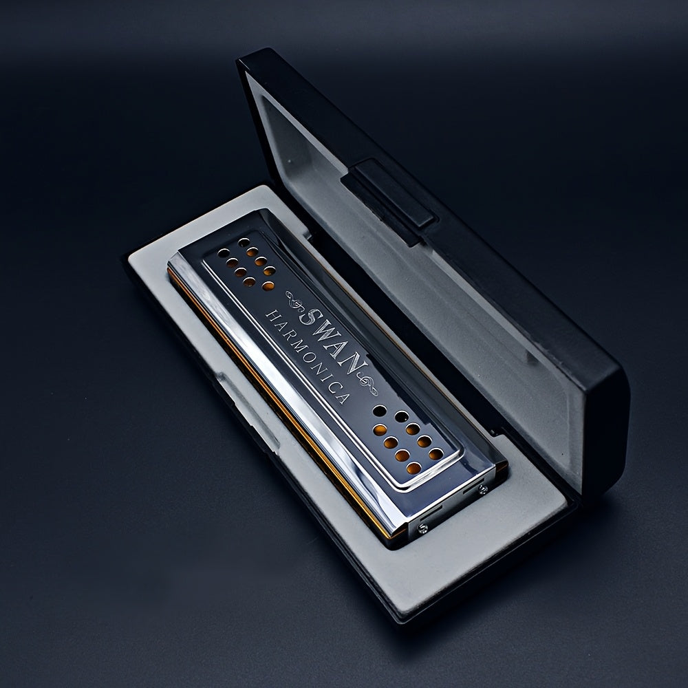 Swan 24-Hole C&G Tuned Diatonic Harmonica, Double-sided Metal with Polished Finish, Includes Cleaning Cloth and Box (Cleaning Cloth Color May Vary) - Swan Harmonica for Beginners and Professionals
