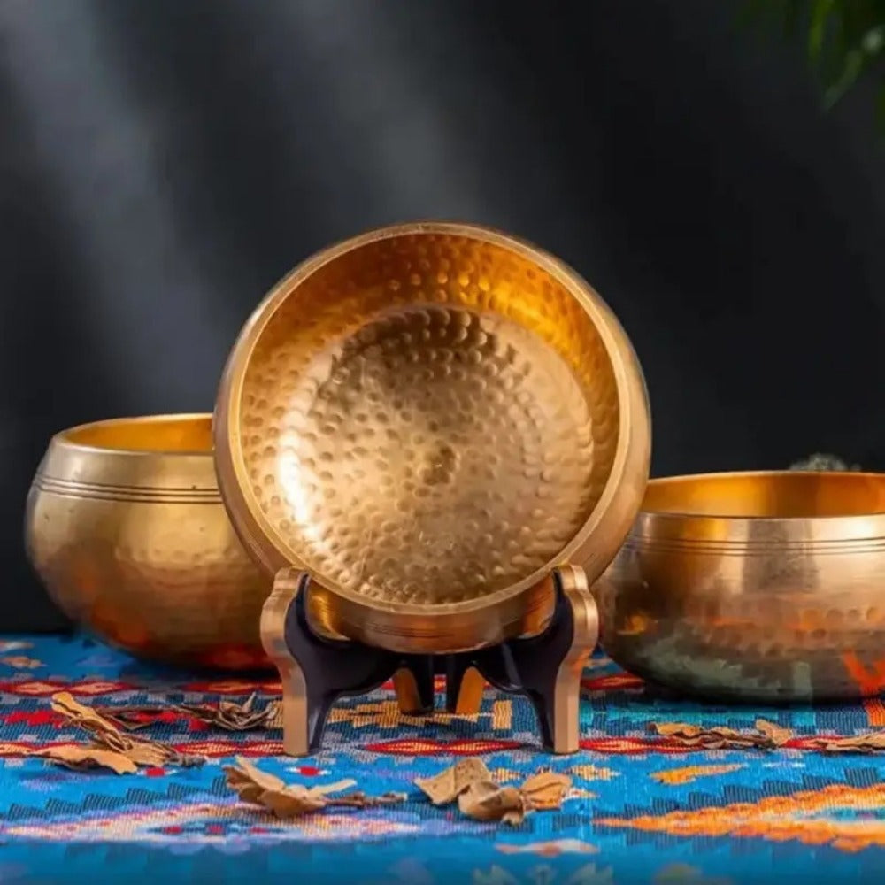 Nepalese Singing Bowl Set with Copper Bowls and Mahogany Strikers