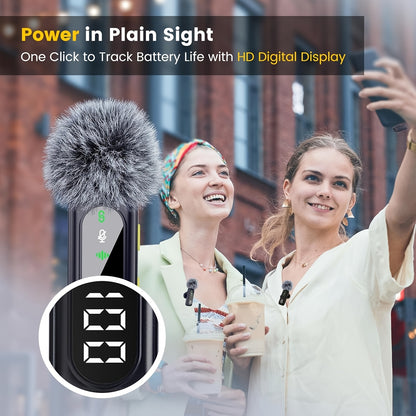 2.4G Wireless Lavalier Microphone with Feather Windscreen & Digital Display - Plug-and-Play Professional Noise-Canceling USB-C Portable Mic Suitable for Streaming, Vlogging, Podcasts, Interviews - Compatible for Phone/PC/Tablet