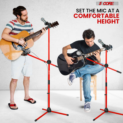 5 Core Microphone Stand Floor 2 Mic Clips Universal Height Adjustable 63" Dual Tripod Mic Stands w Telescoping Boom Arm Foldable Portable