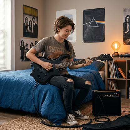 [Electric Guitar Amp Set] Black Flame Electric Guitar And Amp Set - Closed Dual - Dual Pickups, Techwood Fingerboard - Includes Gig Bag, Strap And Additions