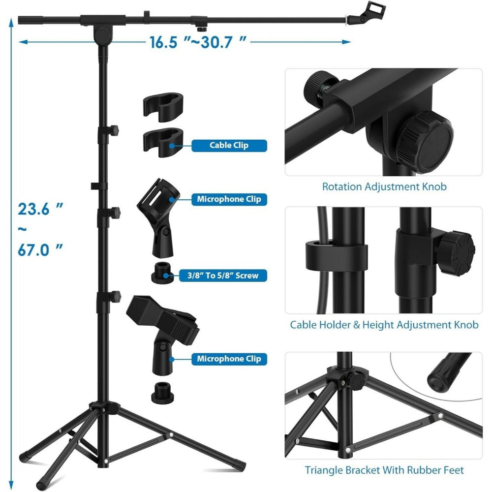Heavy-Duty Tripod Microphone Boom Stand with Adjustable Height and Clip