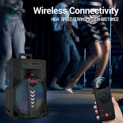 10000W Portable Wireless PA Speaker System - with Single 15 Inch Subwoofer, Outdoor Karaoke Machine W/ Microphone And Stand, DJ Lights, Support for USB/TF/AUX/FM/TWS, Rolling Wheels, for Party And Church