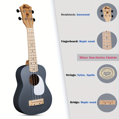 WINZZ TG-U2 21 Inch Soprano Ukulele Pack Bundle W/Free Lessons, Padded Bag, Tuner, Strap, Capo, 3*Picks