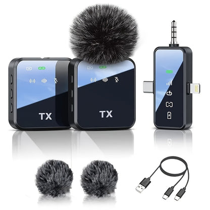 3in 1 Wireless Lavalier Microphones for iPhone, Android Phone, , Computer, Laptop,  Microphone with Noise Reduction Professional Dual Lapel Mic with USB-C/3.5mm/Lightning Port for  Recording, Vlog