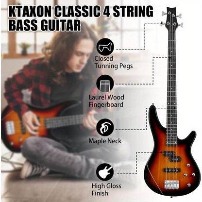 Complete Beginner Set for a Full-Size Right-Handed Electric Bass Guitar with a Rosewood Fingerboard, Including a Cable And Wrench Tool