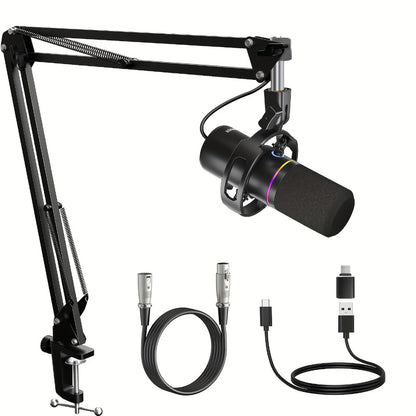 XLR and USB Dynamic Microphone Kit with RGB, Software and Boom Arm