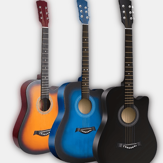 38" Full-Size/ 41" Cutaway Acoustic GuitarFor:Beginners & ProsIncluded:Backpack, Strap, Picks, Natural Wood, Great Sound Projection, Stable, Comfortable Grip, Quality CraftsmanshipUses: Home Practice, PerformancesColors: Blue/Black Available
