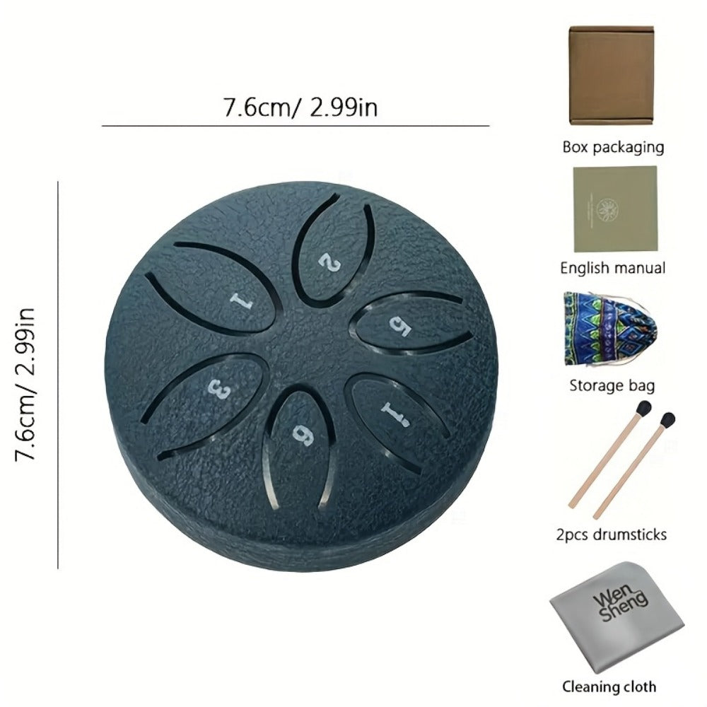 Steel Tongue Drum, 3-Inch 6-Tone Mini Set with Mallets and Learning Guide