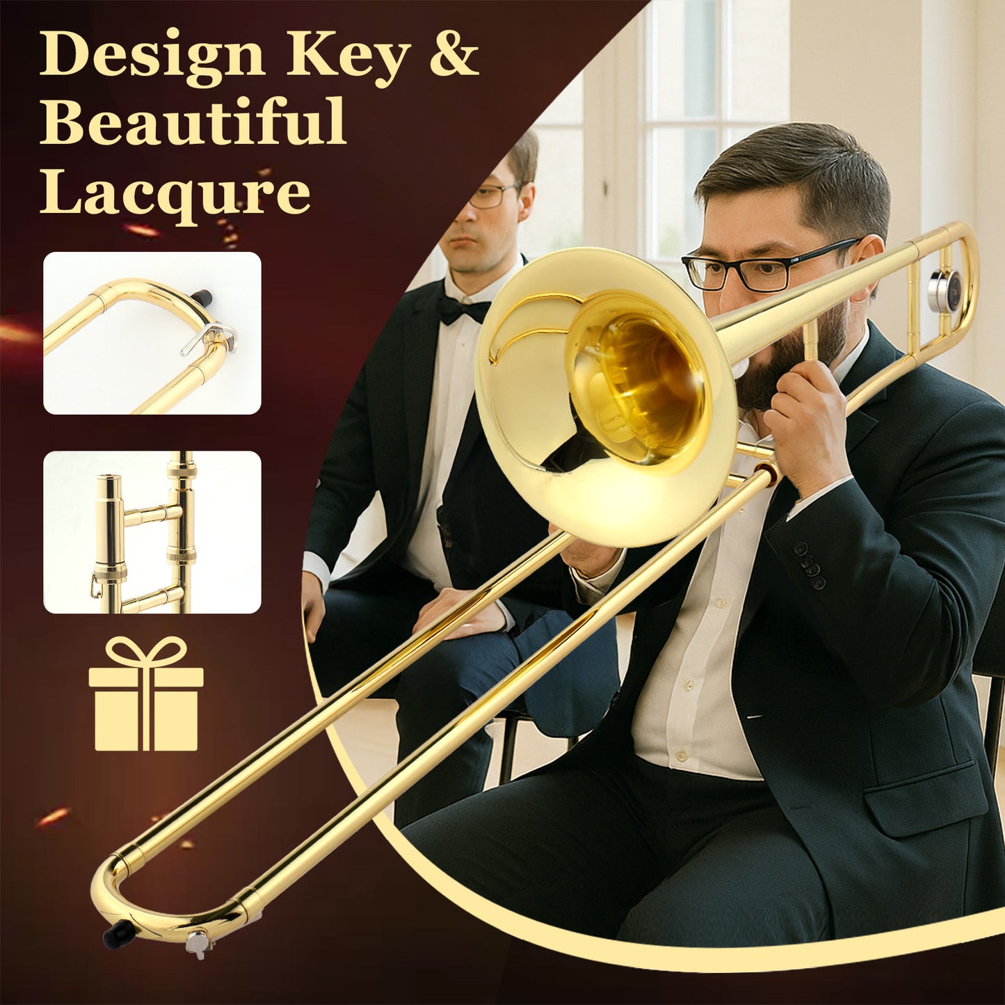 [Professional B-flat] Trombone, Thickened Brass Body, Full Tone, Golden Lacquer Finish, Suitable For Students, Adults And Beginners