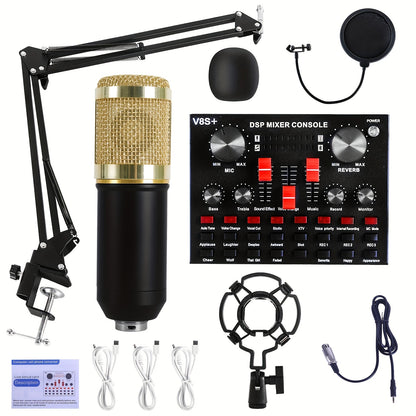 Podcast Equipment Bundle, BM-800 Recording Studio Package with Voice Changer, Live Sound Card - Audio Interface for Laptop Computer Vlog Living Broadcast Live Streaming [V8S for 1/2/V8/V8K for 1/2/F998/M6/V10X Pro], Includes Complimentary Earphones