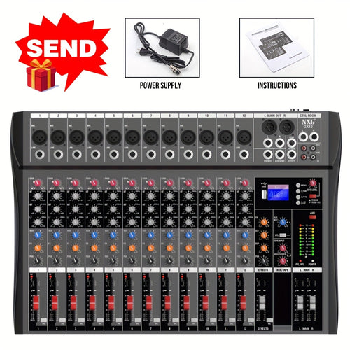 Professional DJ Audio Mixer 12-Channel Controller Recording Console with USB Interface XLR Microphone/Line Input AUX Effect Processor MP3 Player Headphone Jack Suitable for Karaoke, Live Streaming, And Recording GX12