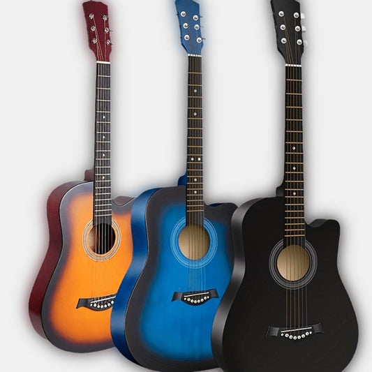 38" Full-Size/ 41" Cutaway Acoustic GuitarFor:Beginners & ProsIncluded:Backpack, Strap, Picks, Natural Wood, Great Sound Projection, Stable, Comfortable Grip, Quality CraftsmanshipUses: Home Practice, PerformancesColors: Blue/Black Available
