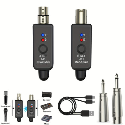 Wireless Microphone Transmitter Receiver - Plug-on XLR Microphone Wireless System with 48V Phantom Power, XLR Connector, 6.35mm Adapter Suitable for Condenser And Dynamic Microphones, Mixer, Guitar Amplifier, And Speakers, DSLR Camera, PA System