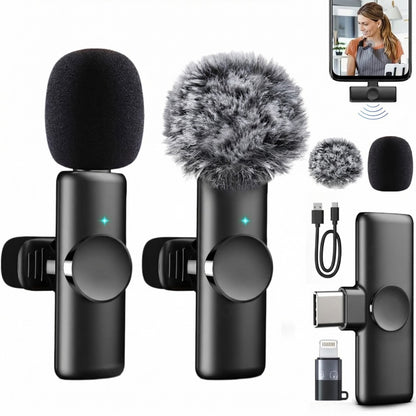 2pcs Wireless Lavalier Microphones with Adapters for Mobile Phones-for Android, iPad, Tablets - Mini Mics with Noise Cancellation, 70ft Transmission Range - Professional Clip-on Microphones for Video Recording | Wireless Microphone | Gift