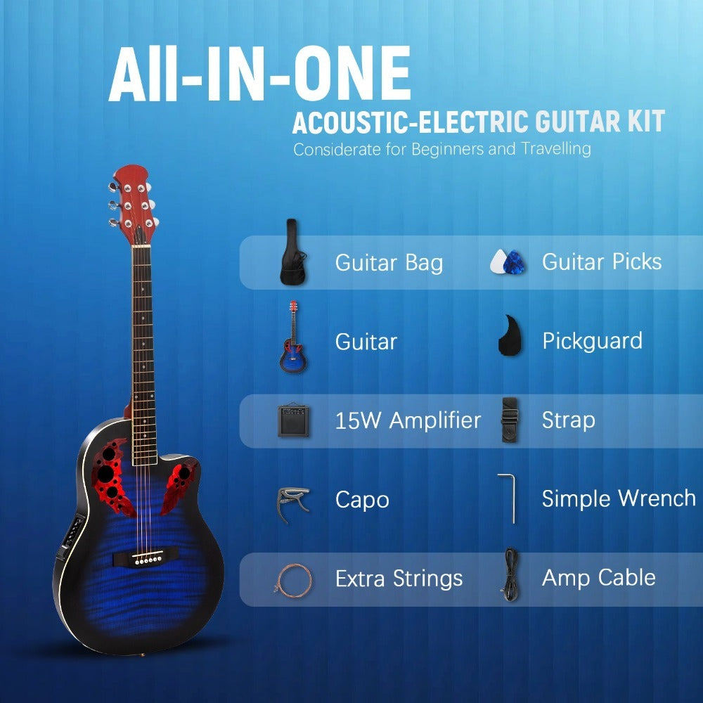 Acoustic Guitar, Blue, Full Size, BONNLO, 41In, Cutaway for Lessons and Practice
