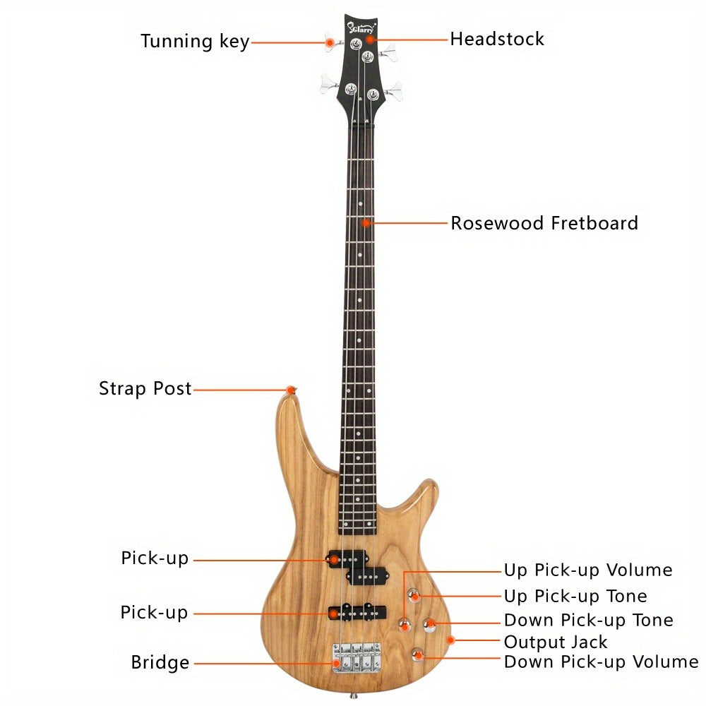 Full Size 4-String Electric Bass Guitar, 34-Inch Scale, Dual Pickups