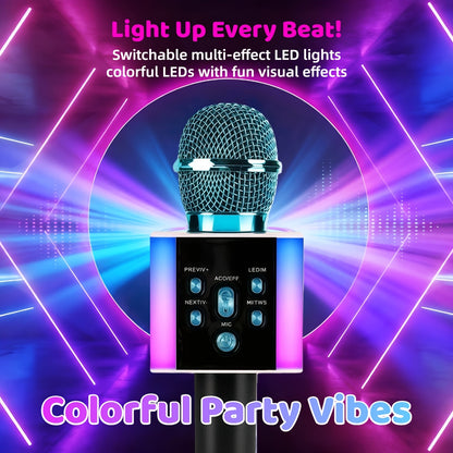 Wireless Karaoke Microphone Speaker with LED Lights And Fun Voice Changer - Portable Singing Mic for Outdoor Parties And Family Gatherings, Stereo Home Karaoke for Travel, Car, And Camping - Fun Summer Party Accessory, Birthday Gift