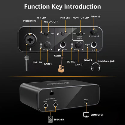 [USB Audio Interface] USB Audio Interface Mic Preamps with USB C Cable Adapter 48V Phantom Power 24 Bit Support Smartphone, Tablet, PC Recording