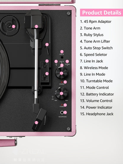 Vinyl Record, Wireless, Portable, Player, Built for Music Listening and Collecting