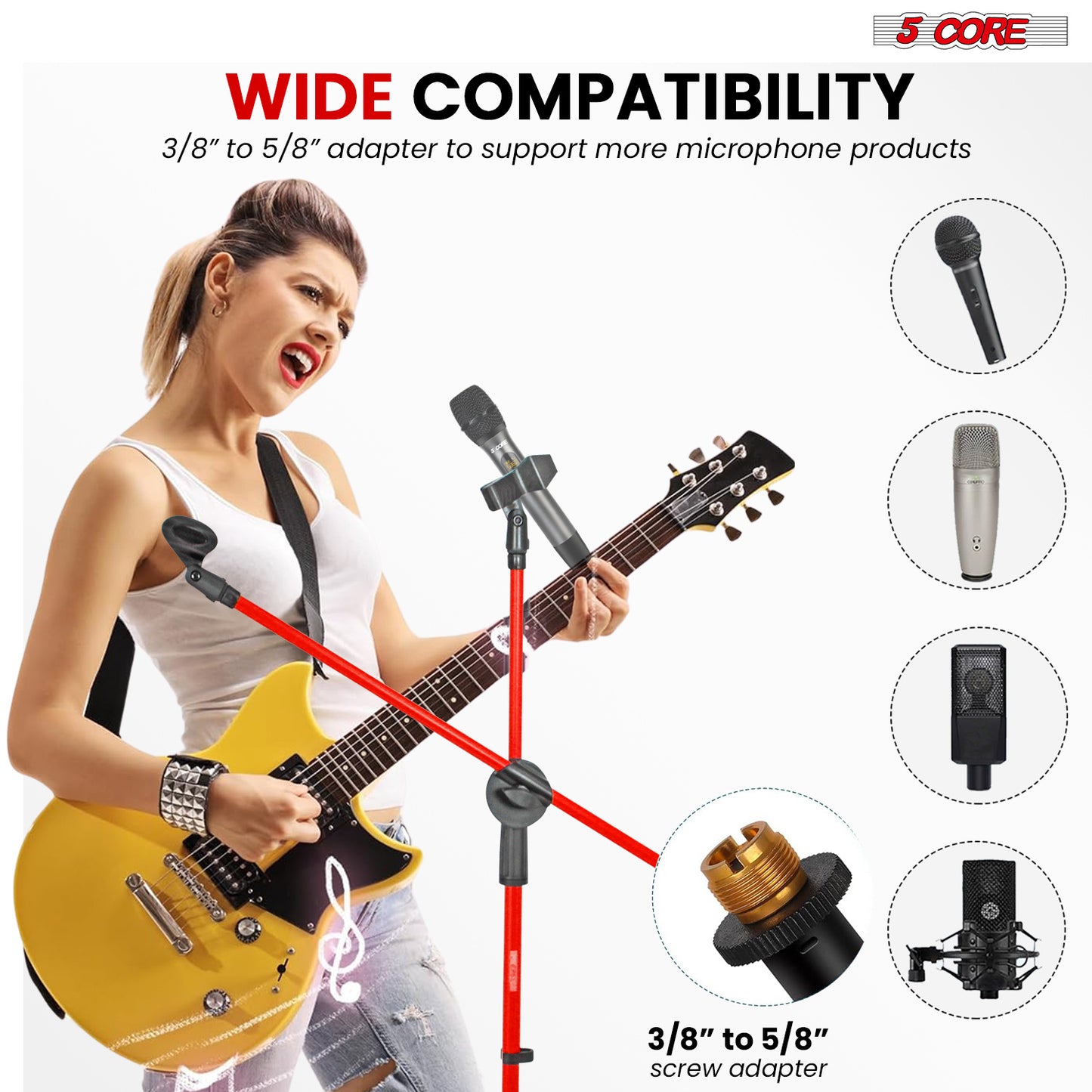 5 Core Microphone Stand Floor 2 Mic Clips Universal Height Adjustable 63" Dual Tripod Mic Stands w Telescoping Boom Arm Foldable Portable