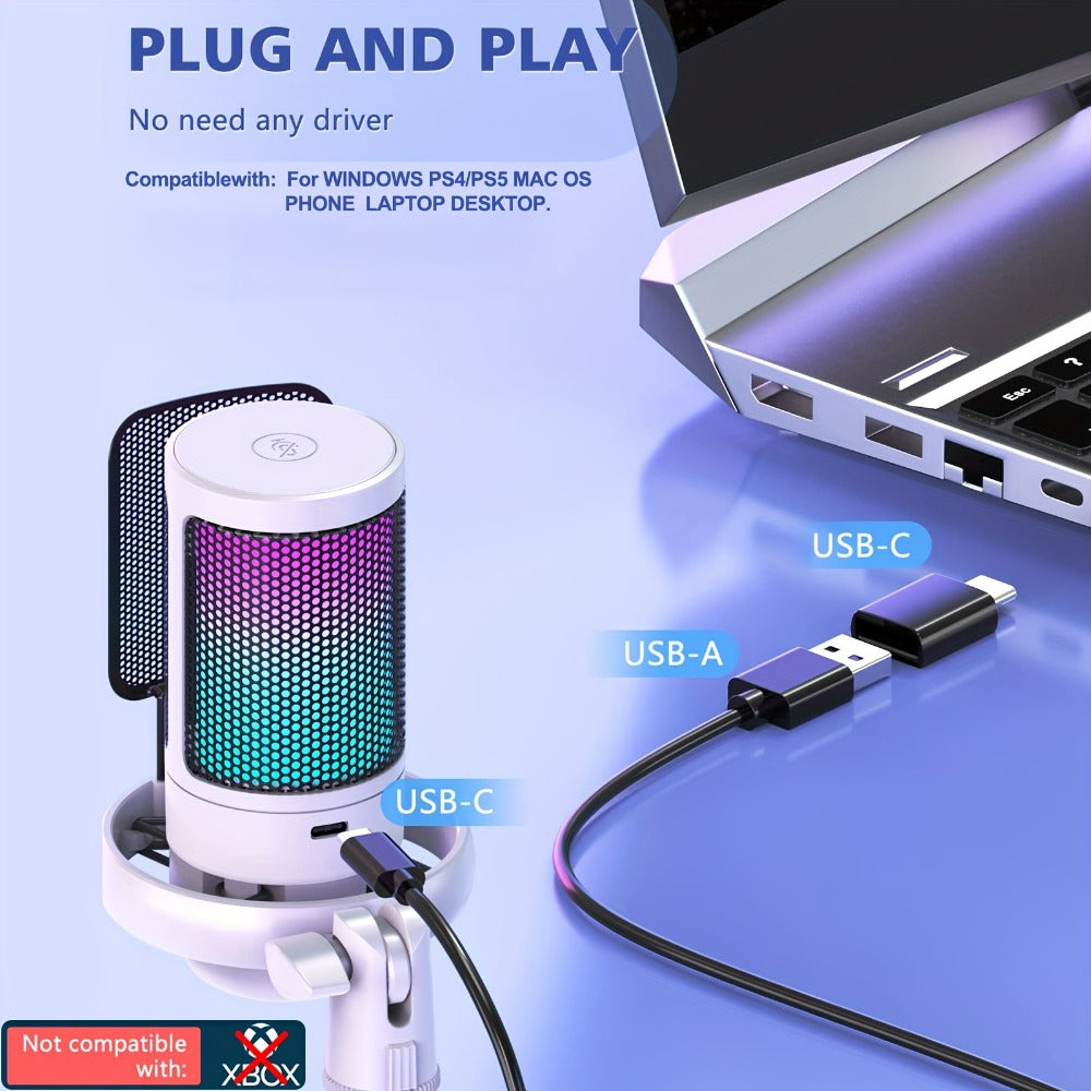 USB RGB Condenser Microphone with Gain, Touch Mute and Monitoring