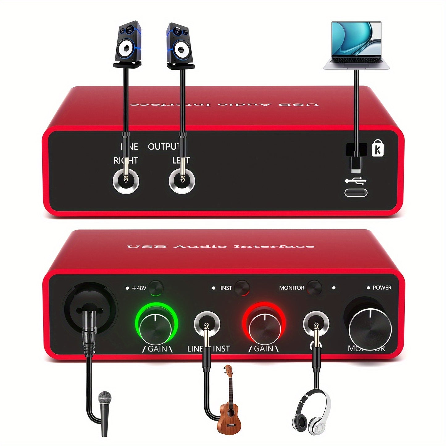 24Bit/192Khz USB Audio Interface Solo with 48V Phantom Power Works with Most Daws And Recording Software, USB Audio Interface Perfect for The Musicians, Vocalist, Podcaster, Plug And Play