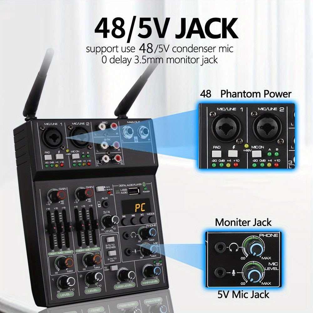Audio Mixer, Wireless, USB, High-Quality, 4-Channel, UHF for Live Sound