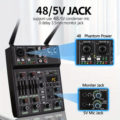 Audio Mixer, Wireless, USB, High-Quality, 4-Channel, UHF for Live Sound